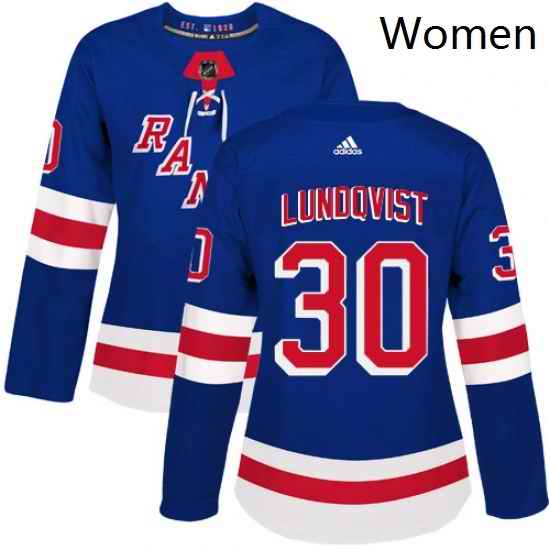 Womens Adidas New York Rangers 30 Henrik Lundqvist Authentic Royal Blue Home NHL Jersey